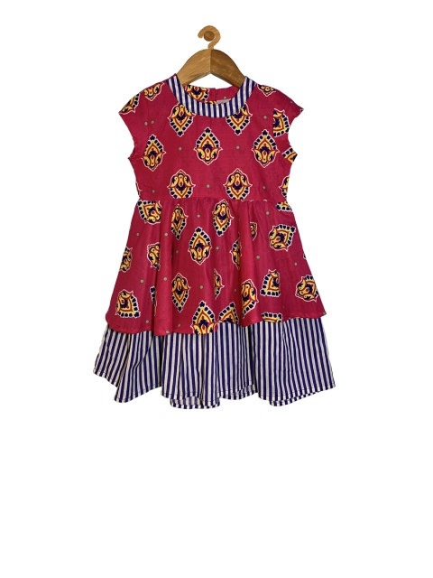 

KiddoPanti Girls Maroon & Yellow Printed Fit and Flare Dress