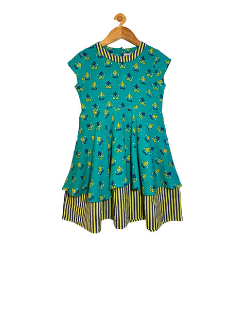 

KiddoPanti Girls Sea Green & Yellow Printed Fit and Flare Dress