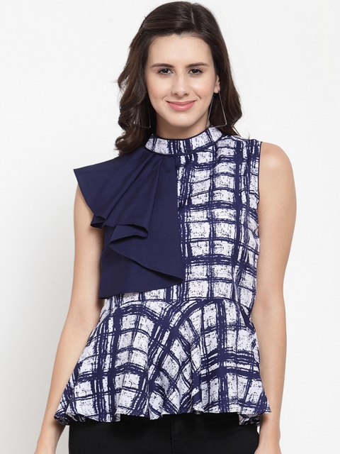 

klauressa Women White & Navy Blue Checked Peplum Top