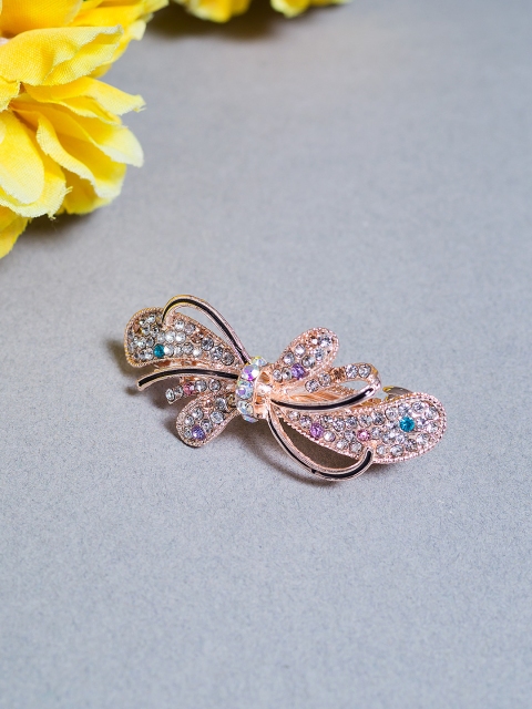 

Golden Peacock White & Gold-Toned CZ Embellished French Barrette