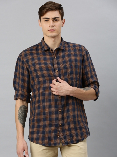 

Louis Philippe Jeans Men Navy Blue & Brown Slim Fit Linen Checked Casual Shirt