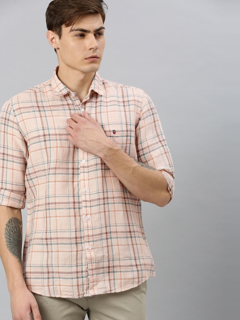 

Louis Philippe Jeans Men Peach-Coloured & Green Slim Fit Checked Linen Casual Shirt
