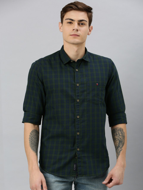 

Louis Philippe Jeans Men Olive Green & Navy Blue Slim Fit Checked Casual Shirt