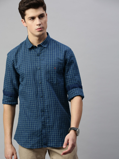 Louis Philippe Sport Men Blue & White Super Slim Fit Checked Casual Shirt