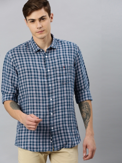 

Louis Philippe Jeans Men Grey & Navy Blue Slim Fit Checked Casual Linen Shirt