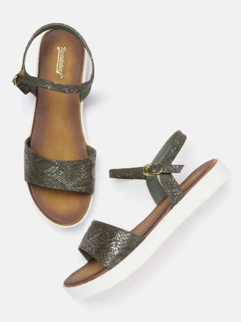 

Roadster Women Olive Green Snakeskin Textured Open Toe Flats