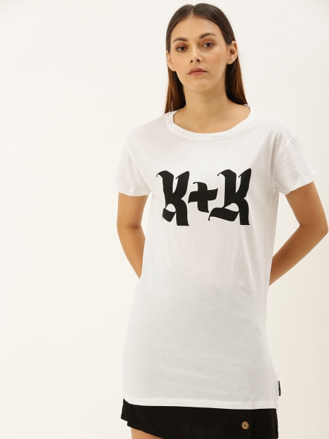 

FOREVER 21 Women White Printed Longline Pure Cotton Top