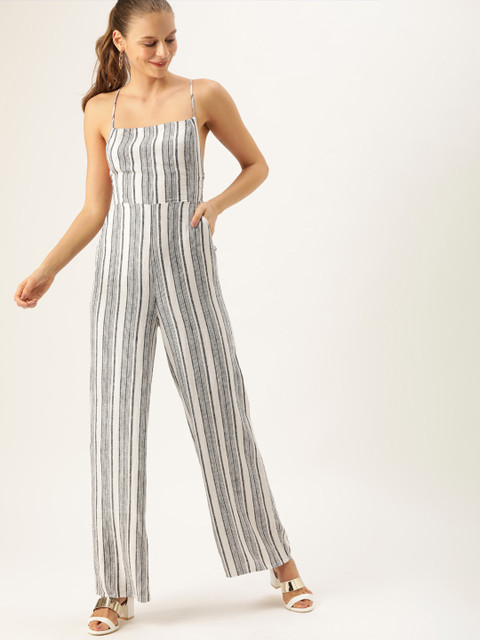 

FOREVER 21 Women Black & White Striped Basic Jumpsuit