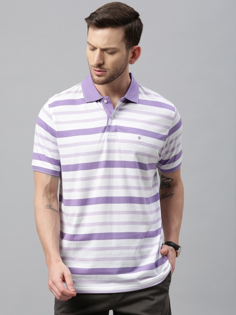 

Louis Philippe Men White Purple Striped Polo Collar Pure Cotton T-shirt