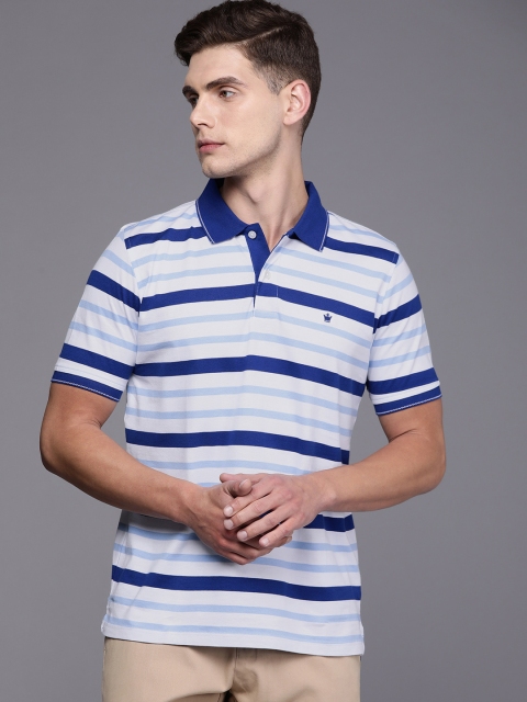 

Louis Philippe Men White & Blue Striped Pure Cotton Polo Collar T-shirt