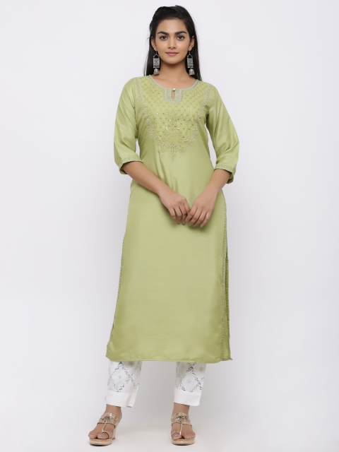 

Juniper Women Green & Silver-Coloured Embroidered Straight Kurta