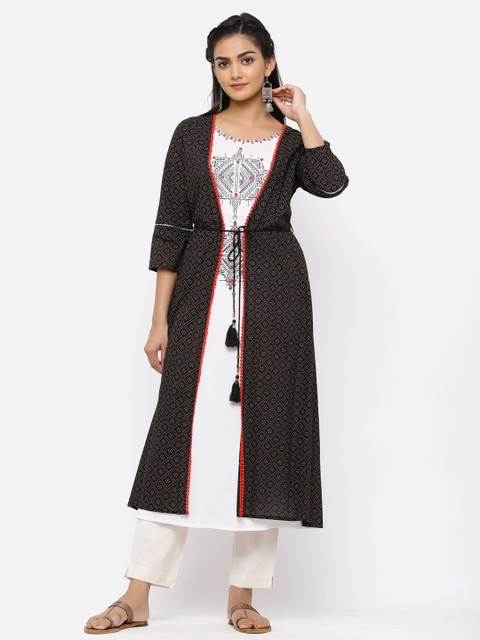 

Juniper Women Black & White Printed Layered A-Line Kurta