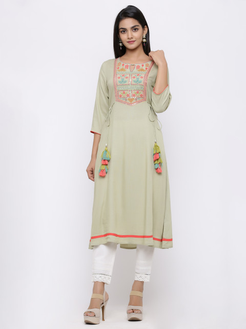 

Juniper Women Sea Green & Peach-Coloured Embroidered A-Line Kurta