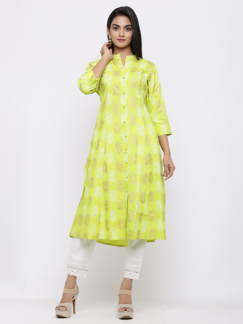 

Juniper Women Lime Green & Gold-Toned Printed A-Line Kurta