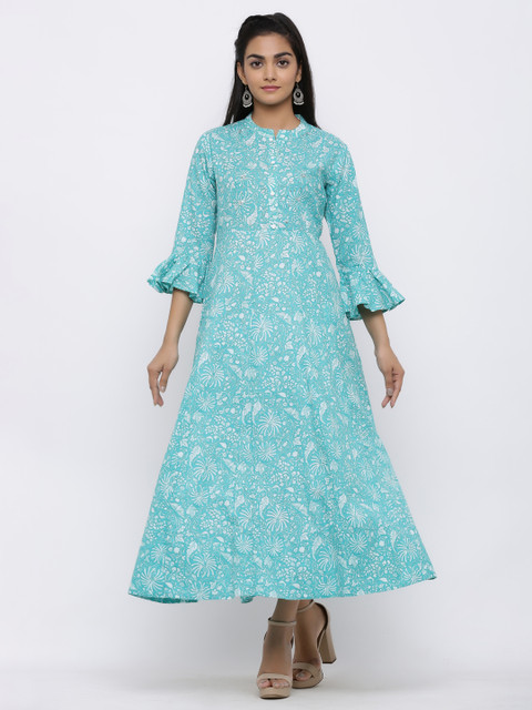 

Juniper Women Turquoise Blue & White Floral Printed Maxi Dress With Bell Sleeves