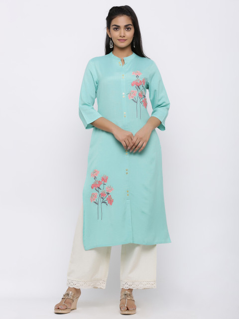 

Juniper Women Turquoise Blue Embroidered A-Line Kurta