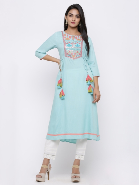 

Juniper Women Blue Embroidered A-Line Kurta