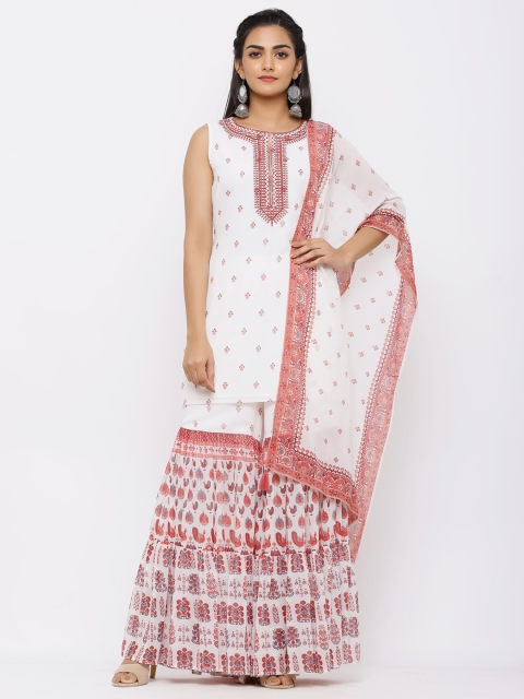 

Juniper Women Maroon & Off-White Embroidered Kurti with Sharara & Dupatta