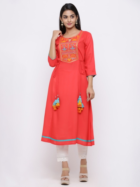 

Juniper Women Coral Pink Embroidered A-Line Kurta