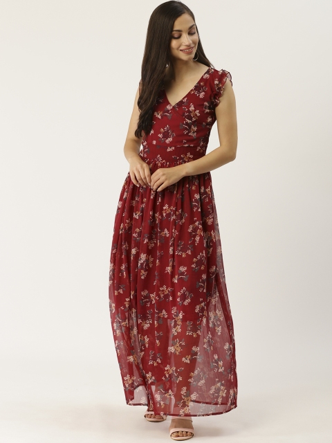 

Trend Arrest Women Maroon & Beige Floral Print Maxi Wrap Dress