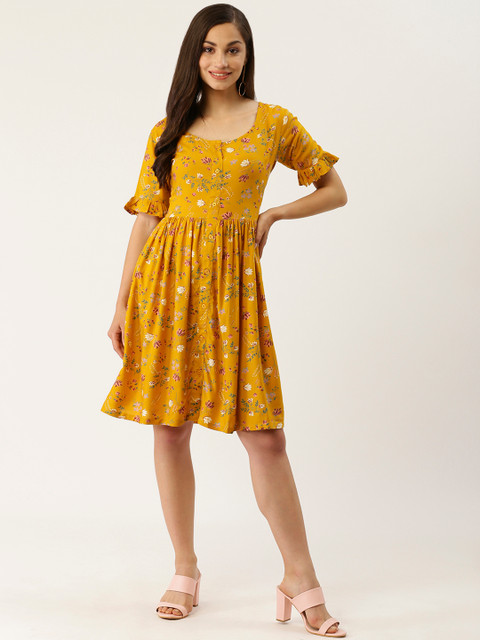 

Trend Arrest Women Yellow Floral Print Fit and Flare Dress