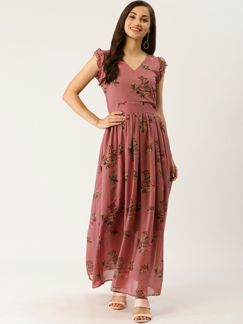 

Trend Arrest Women Mauve & Green Floral Print Wrap Maxi Dress