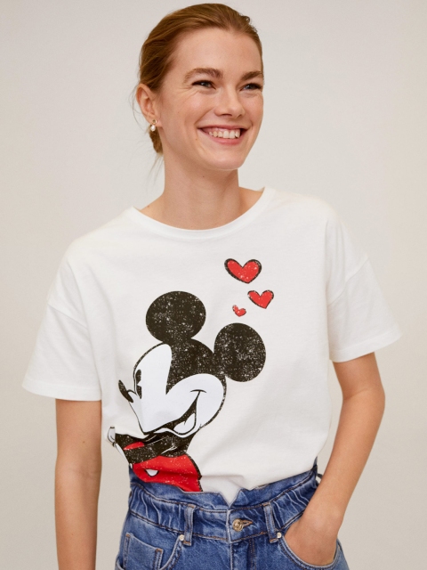 

MANGO Women White Mickey Mouse Printed Round Neck T-shirt