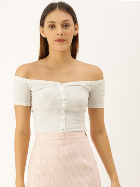 

FOREVER 21 Women White Ribbed Bardot Top