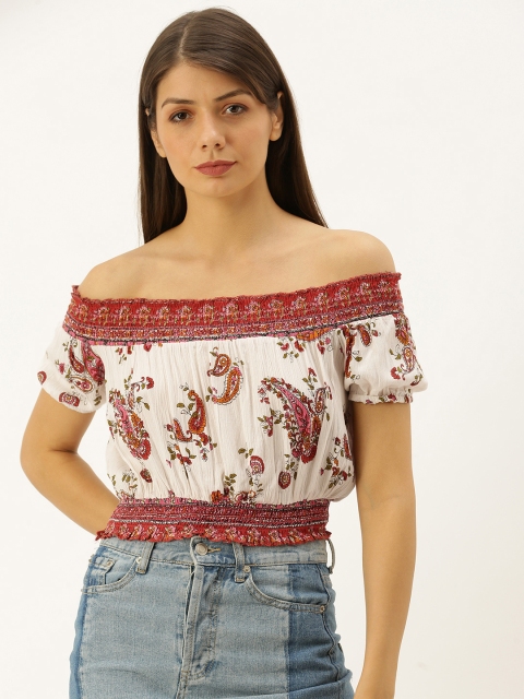 

FOREVER 21 Women Cream-Coloured & Rust Red Printed Crop Bardot Top