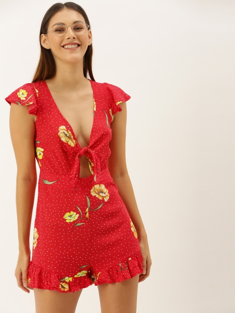 

FOREVER 21 Women Red & Yellow Floral Printed Playsuit with Ruffles and Tie-up detail