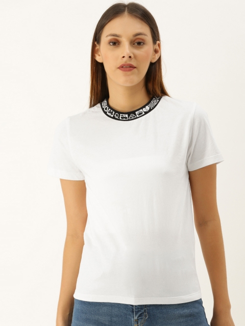 

FOREVER 21 Women White Solid Round Neck T-shirt With Contrast Neck