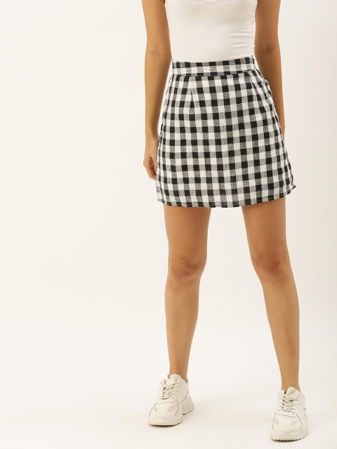 

FOREVER 21 Women Black & White Checked Linen Mini Straight Skirt