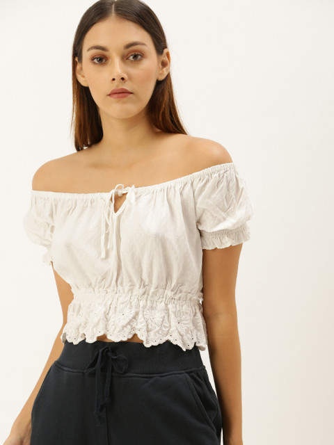 

FOREVER 21 Women White Embroidered Bardot Top