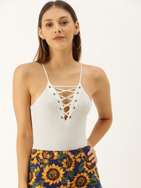 

FOREVER 21 Women White Ribbed Lace-Up Bodysuit 20677706