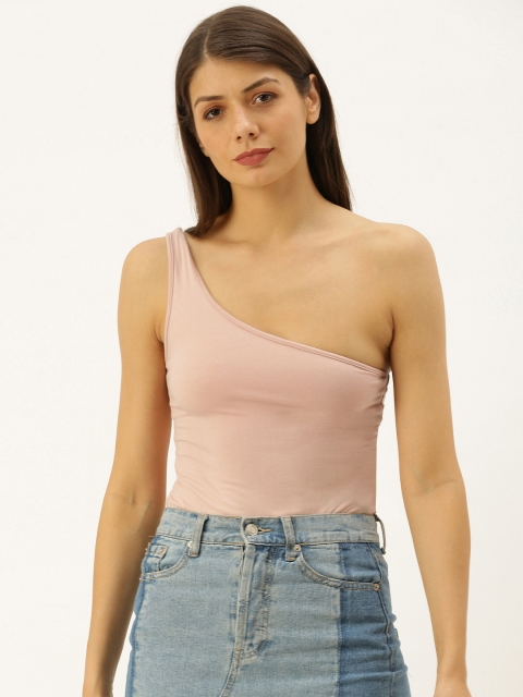 

FOREVER 21 Women Pink Solid One Shoulder Bodysuit