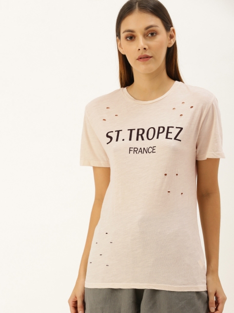 

FOREVER 21 Women Pink Printed Cutout Round Neck T-shirt