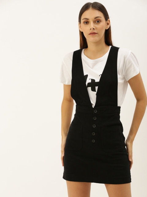 

FOREVER 21 Women Black Solid Plunge Neck Pinafore Dress