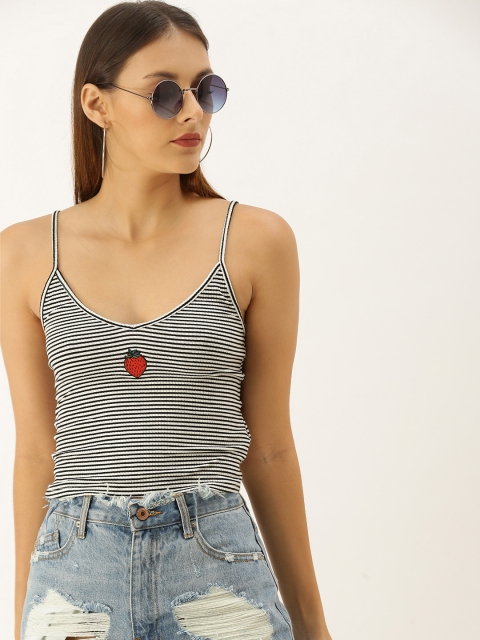 

FOREVER 21 Women White & Black Striped Crop Top