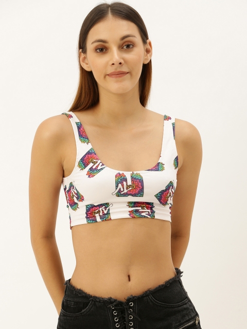

FOREVER 21 Women White & Pink Printed Bralette Cropped Top