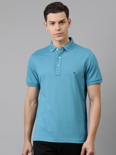 

Tommy Hilfiger Men Blue Solid Slim Fit Polo Collar Pure Cotton T-shirt