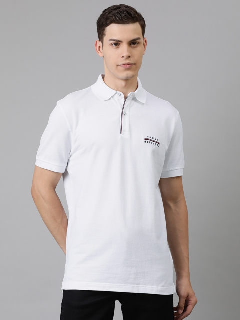 

Tommy Hilfiger Men White Solid Polo Collar Pure Cotton T-shirt with Logo Embroidery