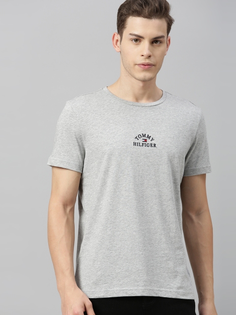 

Tommy Hilfiger Men Grey Melange Solid Round Neck T-shirt with Printed Detail