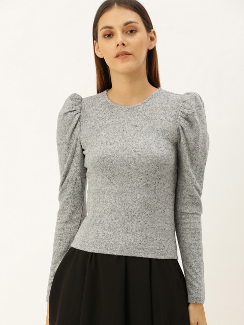 

FOREVER 21 Women Grey Solid Fitted Top With Puff Sleeves