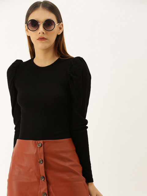 

FOREVER 21 Women Black Solid Puff Sleeve Fitted Top