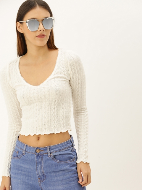 

FOREVER 21 Women Off-White Self Design Crop Regular Top with Lettuce Edge Detail