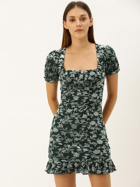 

FOREVER 21 Women Teal Green & Grey Printed Bodycon Dress