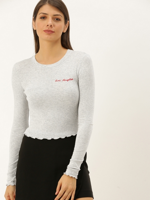 

FOREVER 21 Women Grey Solid Fitted Top