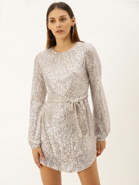 

FOREVER 21 Women Silver-Toned Embellished Sheath Dress with Sequins