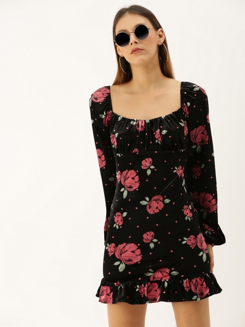 

FOREVER 21 Women Black & Red Floral Printed A-Line Dress with Gathered Detail