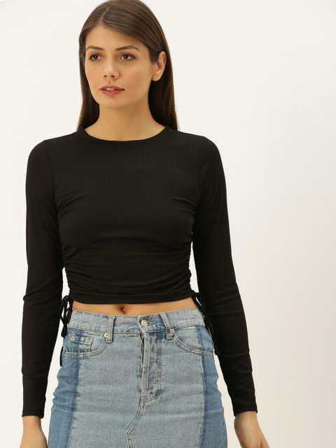 

FOREVER 21 Women Black Ribbed Cinched Waist Crop Top
